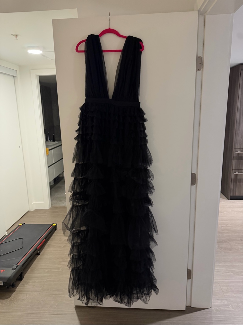 Black Layered Ruffle Tulle Maxi Dress with Deep V